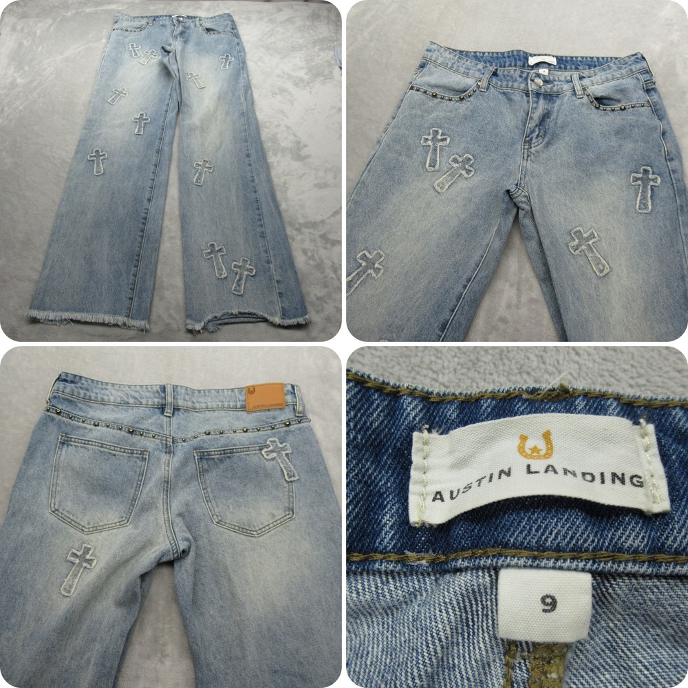 Austin Landing Baggy Jeans Women‎ 32x31 Y2K Cross Studded Frayed Hem Festival 9
